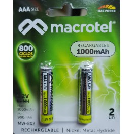 Pack Pilas recargables AAA  2 unidades 1000mAh Macrotel MW-802