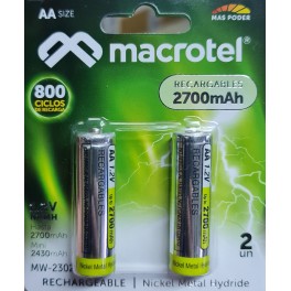 Pack Pilas recargables AA 2 unidades 2700mAh Macrotel MW-2302