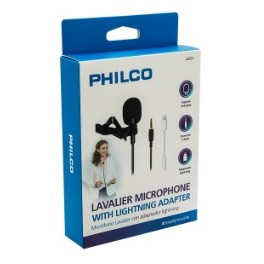 Micr&oacute;fono de solapa tipo lavalier 3.5mm con adaptador lightning Philco 26PLCLA231